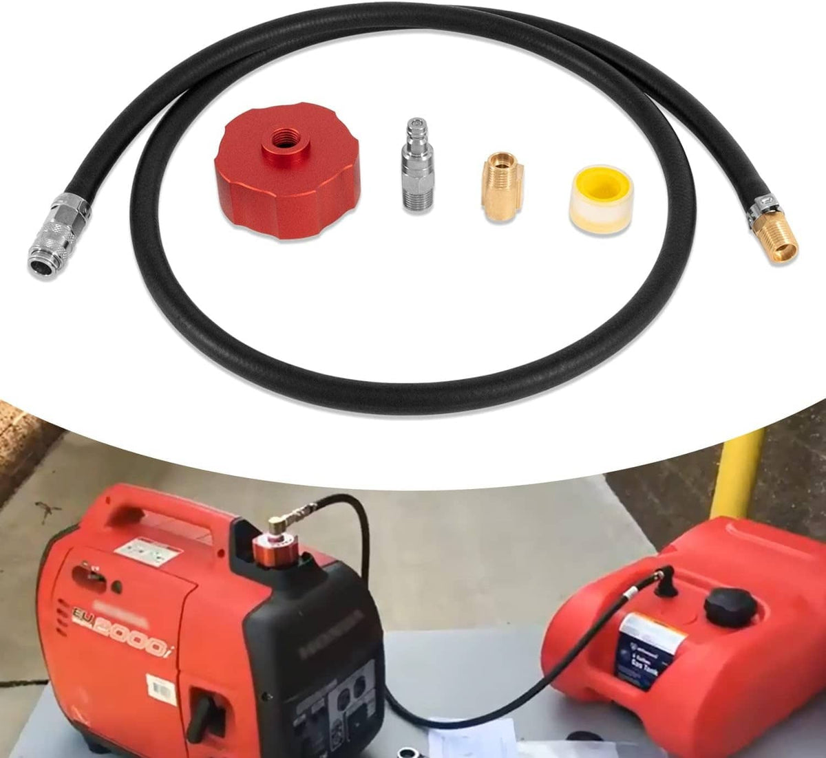 Single fuel system clam kit with black fuel hose, red gas cap, and metal/brass fittings