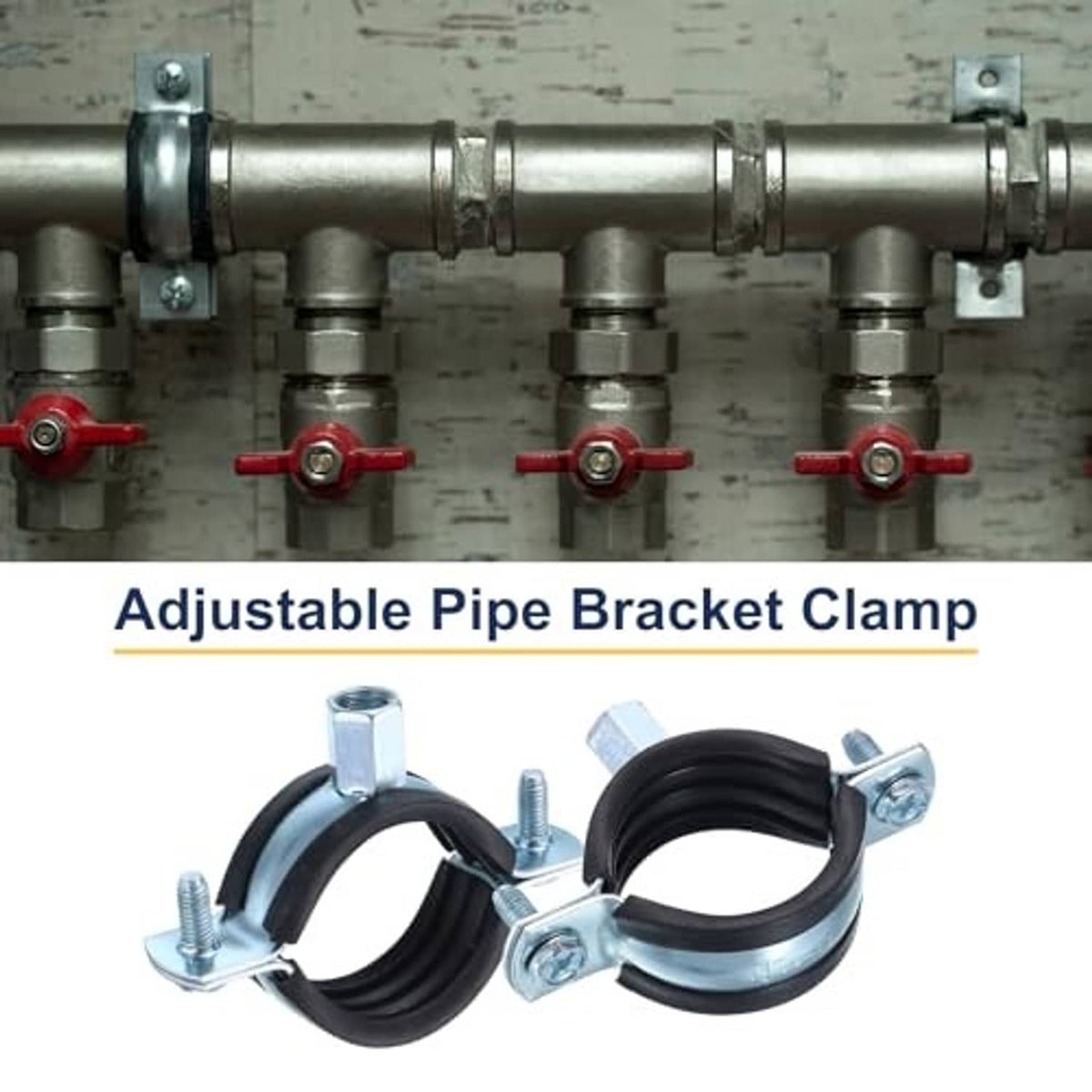 Adjustable pipe bracket clamp with black rubber split ring and zinc-plated bolts