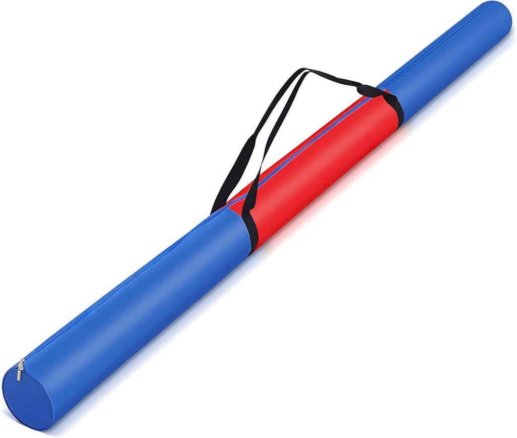 Blue javelin carrying bag with red center panel and black shoulder strap, zip closure