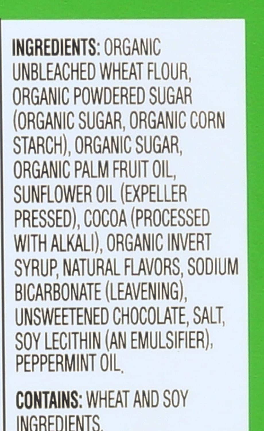 Ingredients list for Newman O's hint-O-mint organic cookies on the package back