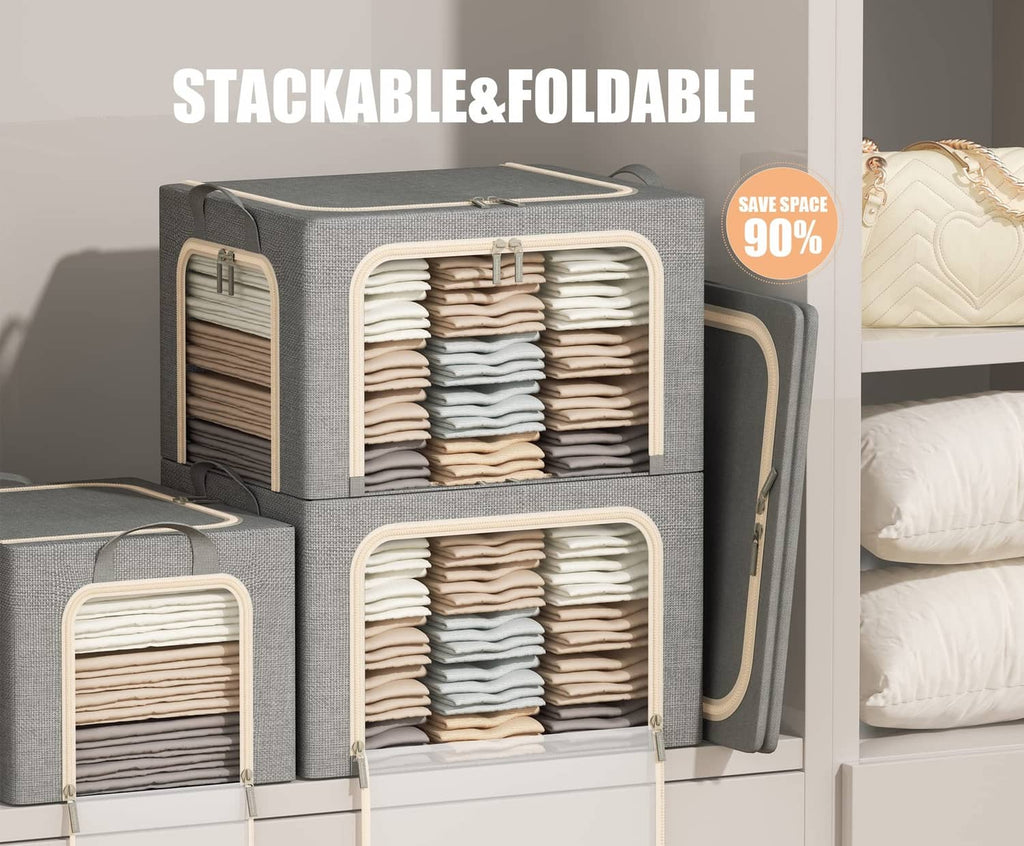 Stacked dark gray clothes storage bins with three openings and light handles