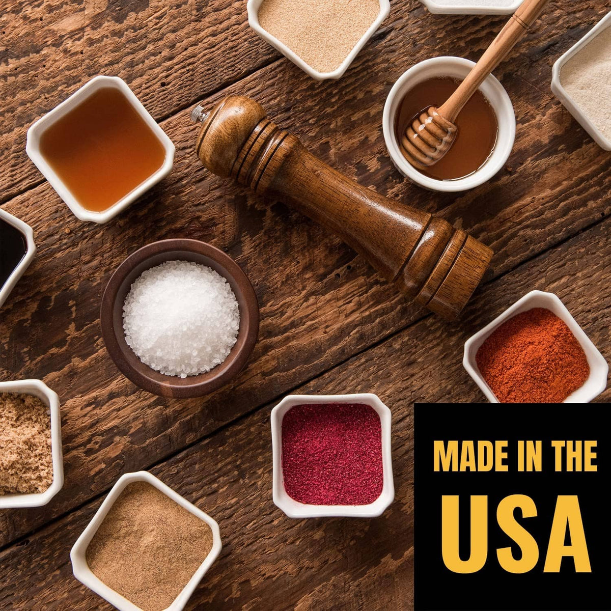 Smoked sausage seasoning ingredients with Made in the USA badge