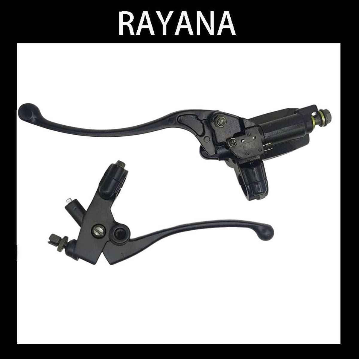 Front brake and clutch perch assembly with black master cylinder, levers, and fittings