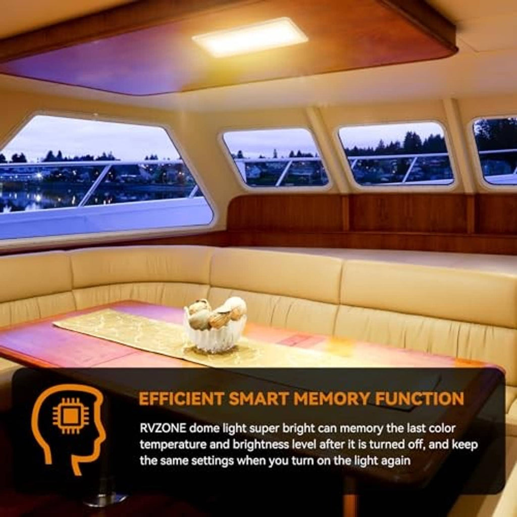 RV interior ceiling LED light fixture casting warm and neutral light