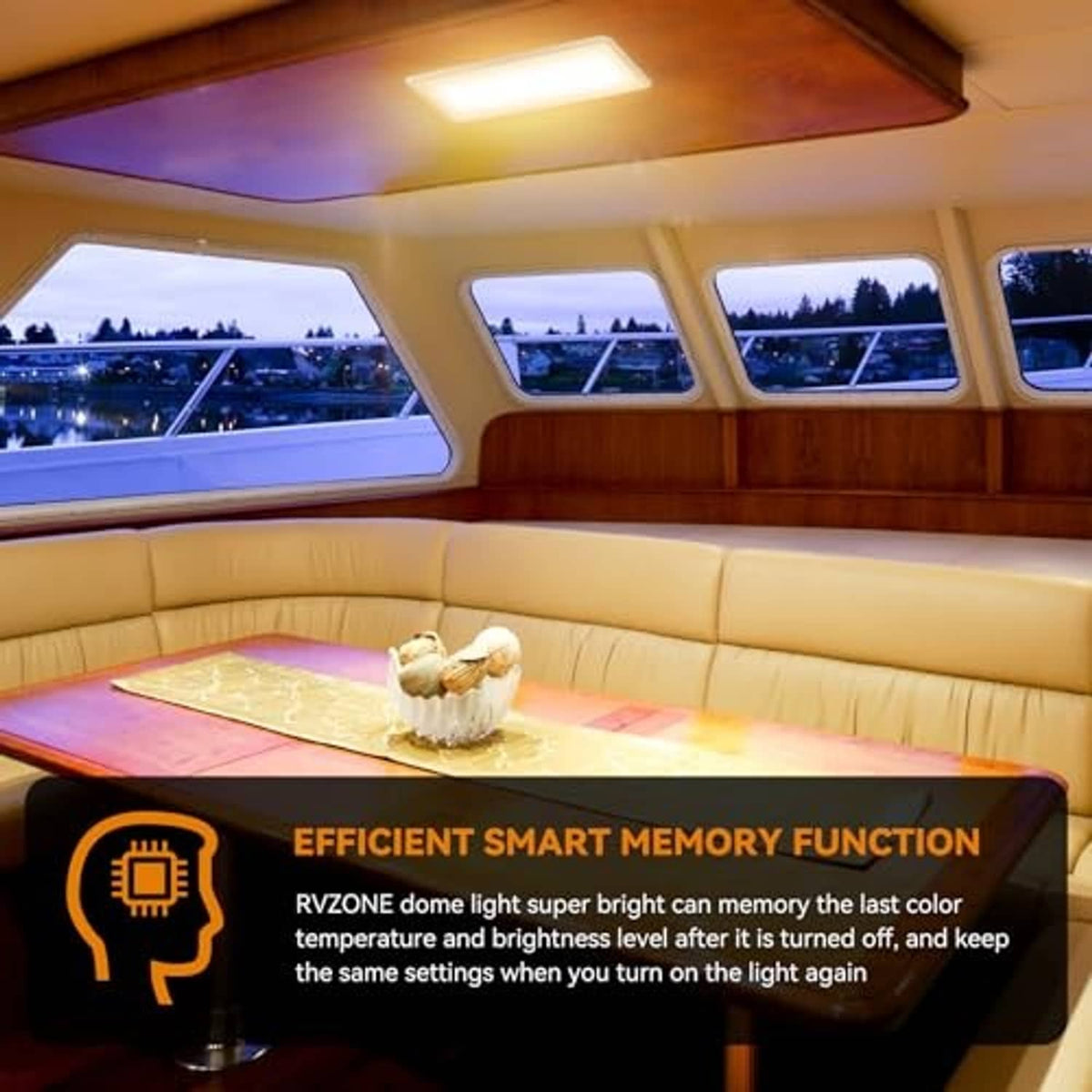 RV interior ceiling LED light fixture casting warm and neutral light