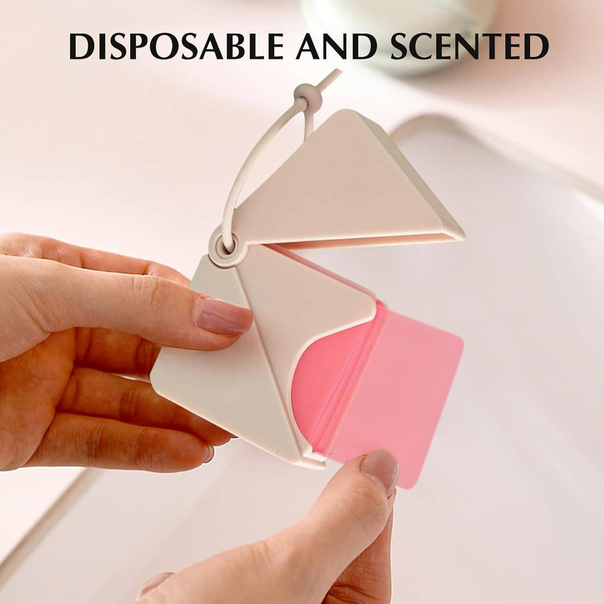 Disposable scented soap sheet dispenser box with lanyard opening in pink