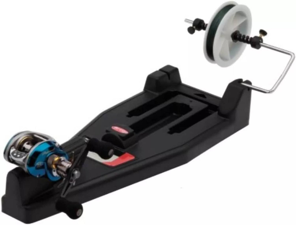 Berkley portable fishing line spooling station with black base and white spool holder