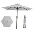 Light gray patio table umbrella with wooden pole and cross ribs, plus closed cover