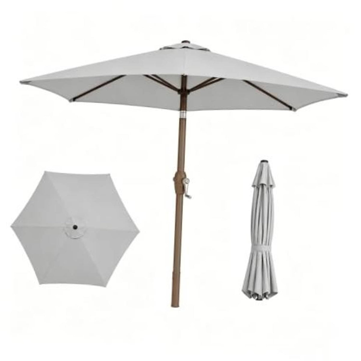Light gray patio table umbrella with wooden pole and cross ribs, plus closed cover