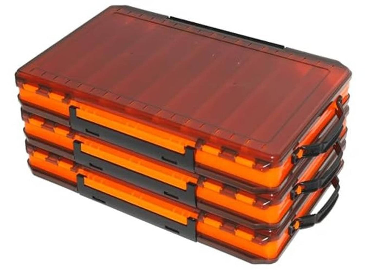 Orange double-sided tackle box with translucent top panels and black latches