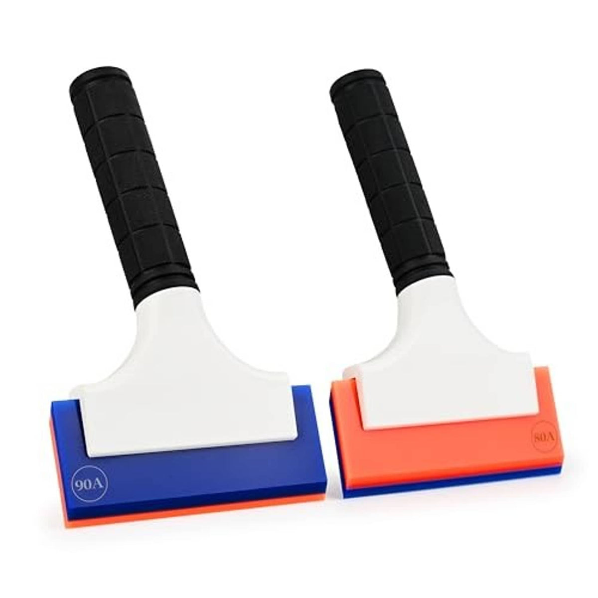 Double-edge blade rubber squeegee, white blade with black textured handle and orange base.