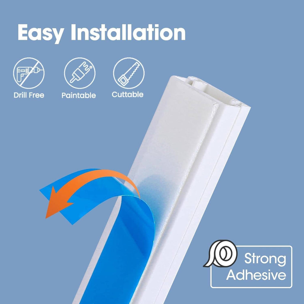 Paintable white cord hider track with strong adhesive backing strip