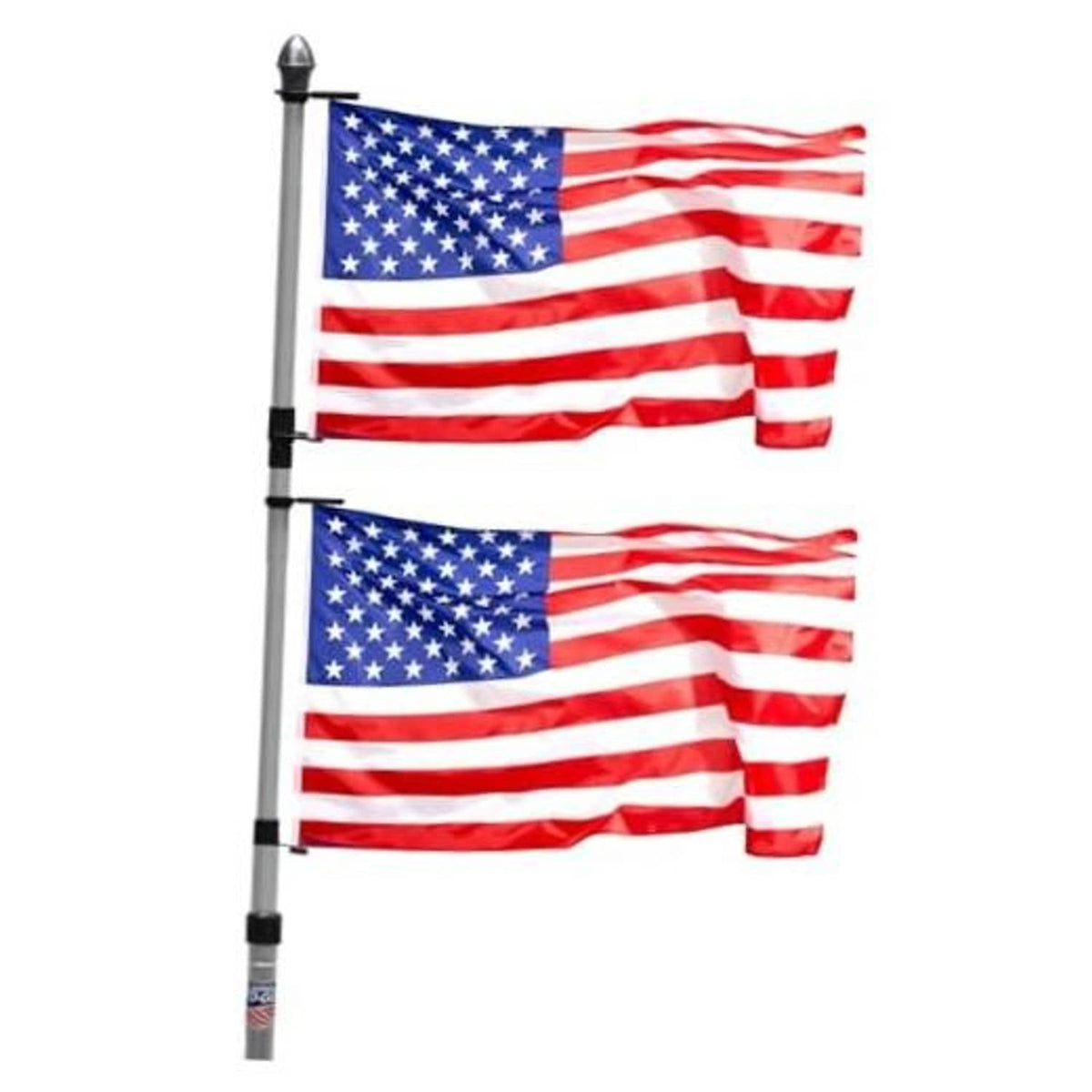 Portable aluminum flagpole with two stacked US flags on a telescoping pole