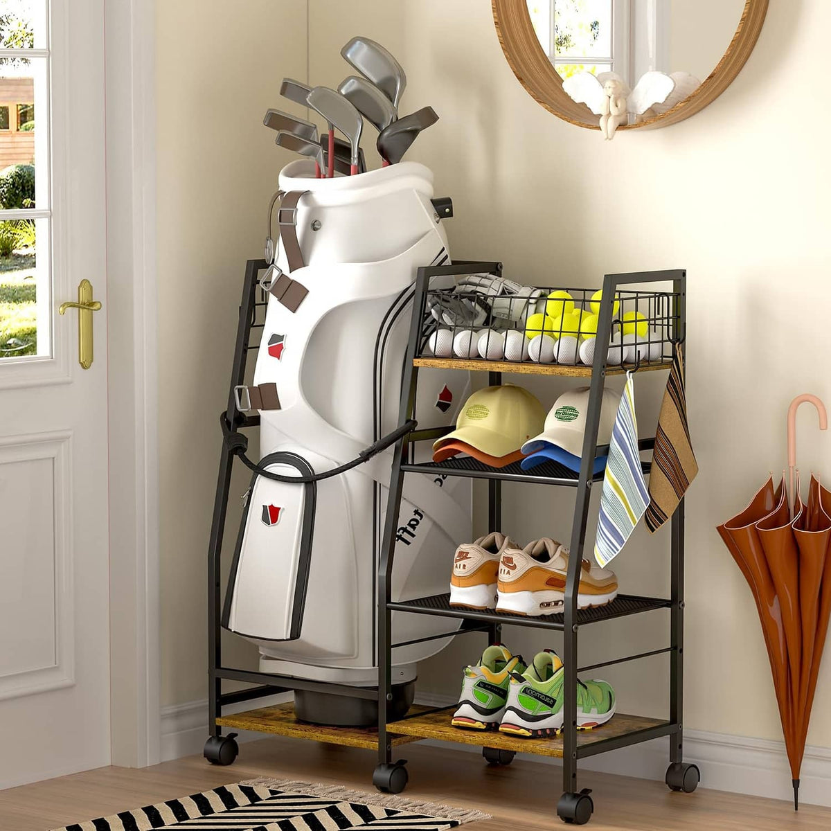 Golf bag garage storage rack with wheels, holding a white golf bag and clubs on shelves