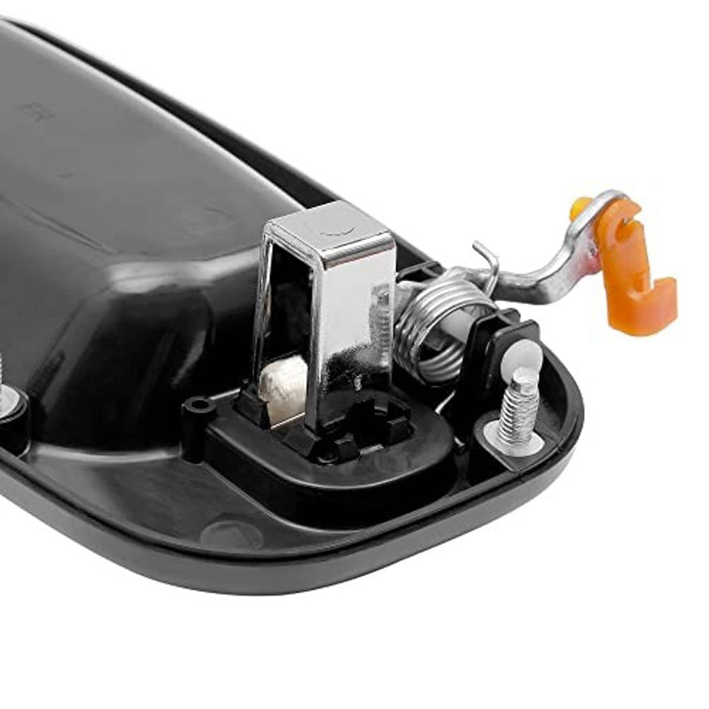 Close-up of exterior door handle lever mechanism in dark housing with metal components