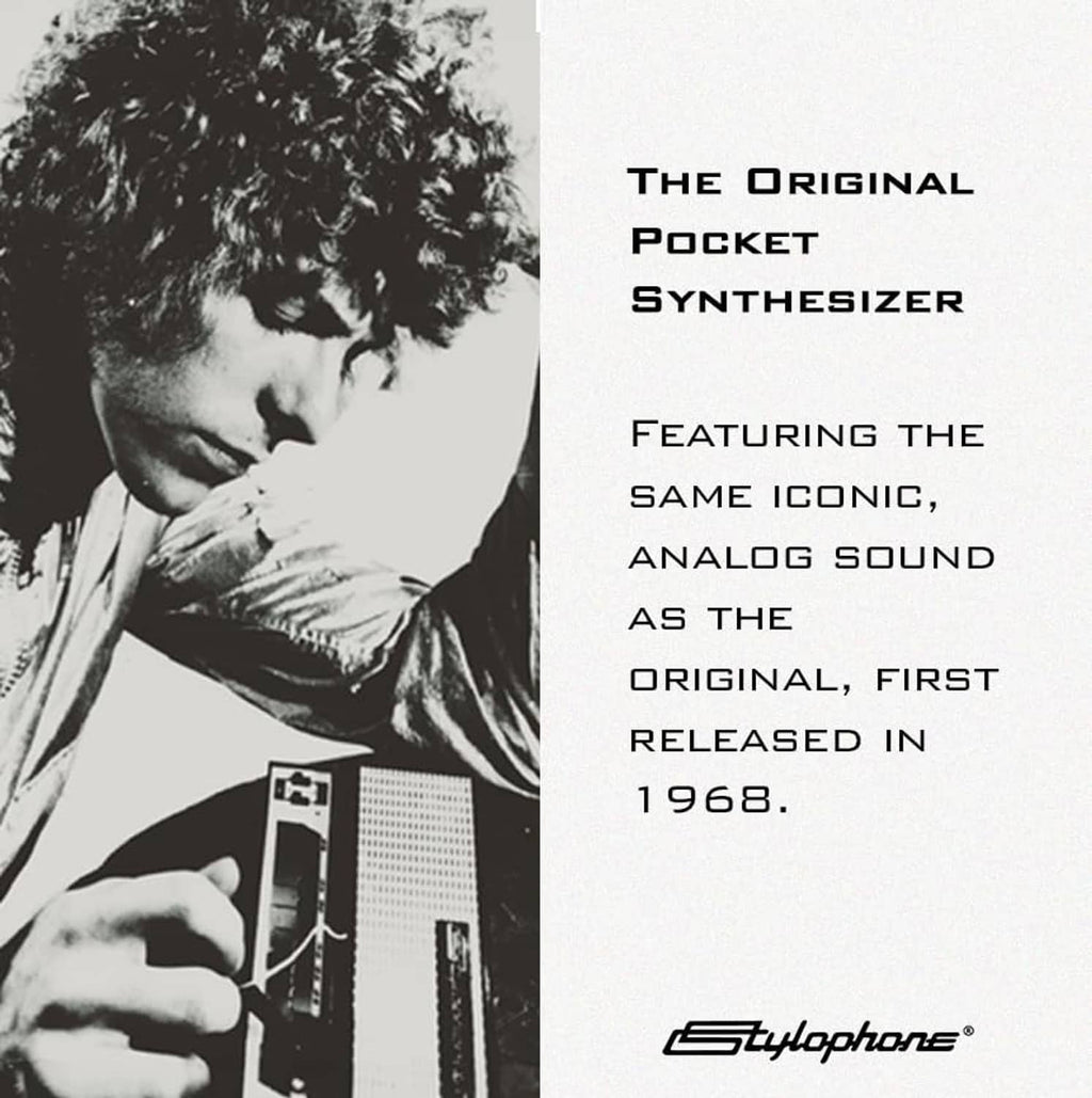 Stylophone pocket synthesizer product packaging with a black-and-white photo