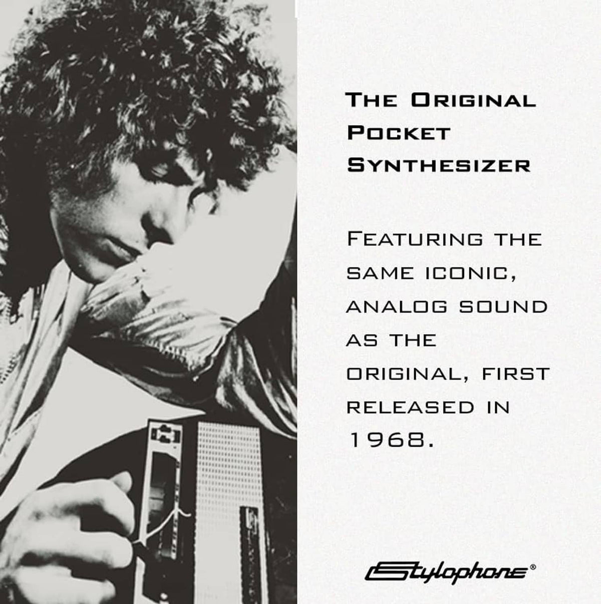 Stylophone pocket synthesizer product packaging with a black-and-white photo