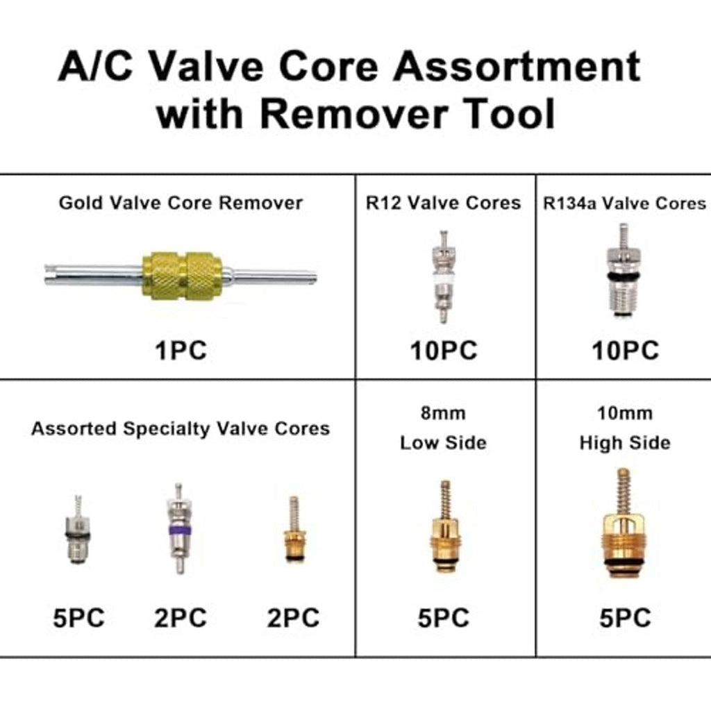 Car A/C valve core assortment with gold remover tool and assorted valve cores