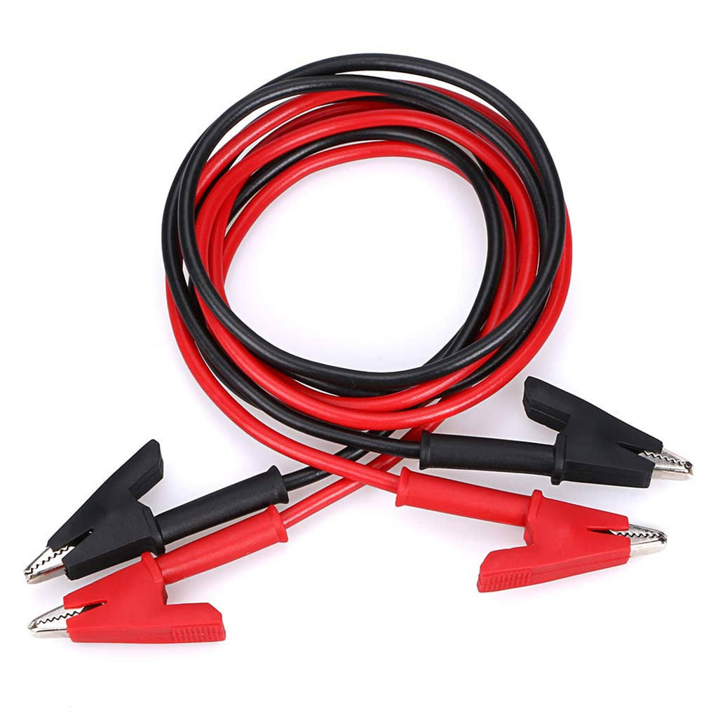 Coiled red and black test lead cable with crocodile clips and exposed metal contacts