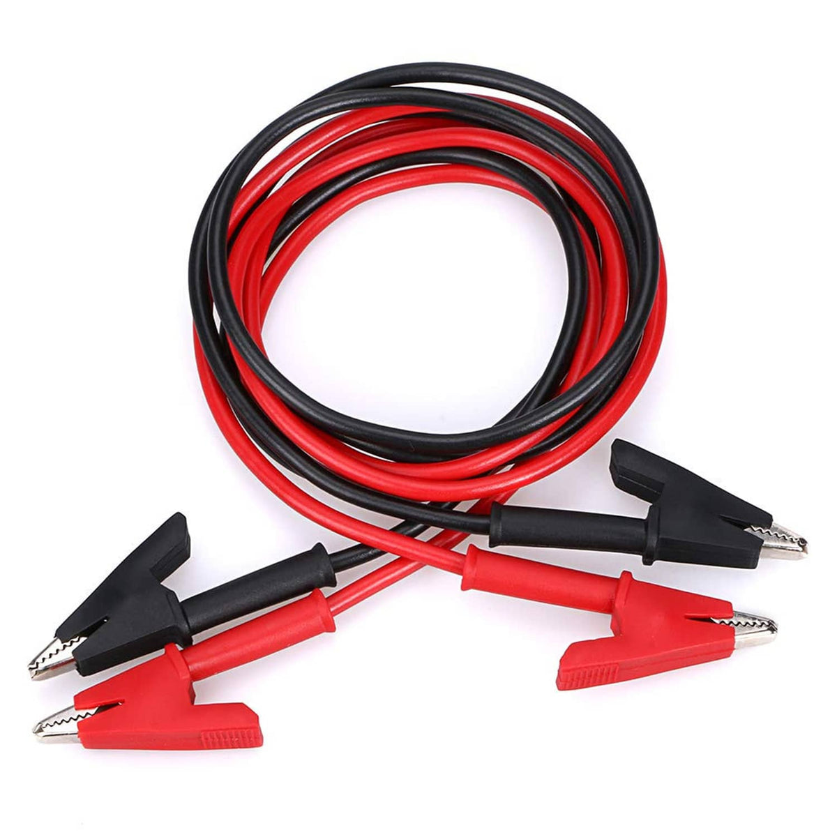 Coiled red and black test lead cable with crocodile clips and exposed metal contacts
