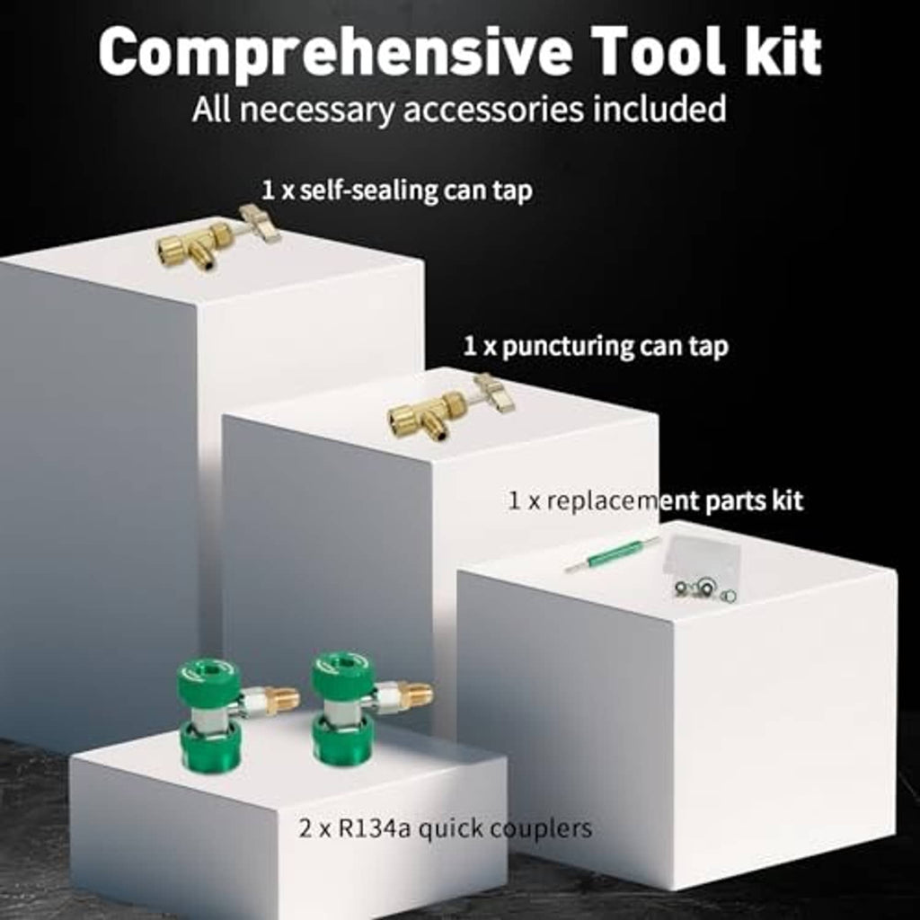 AC manifold accessories kit with can tap, puncturing tap, replacement parts, and couplers