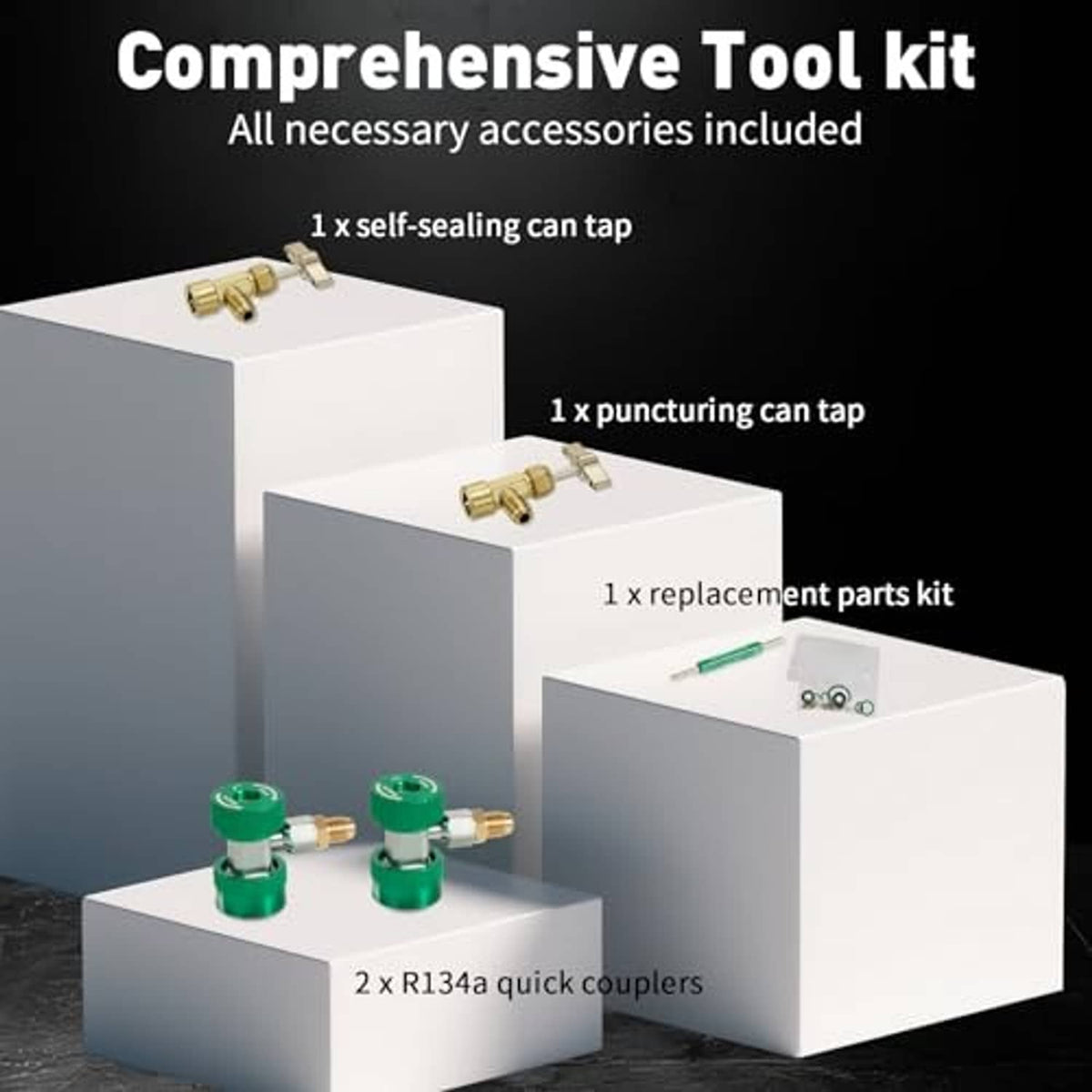 AC manifold accessories kit with can tap, puncturing tap, replacement parts, and couplers
