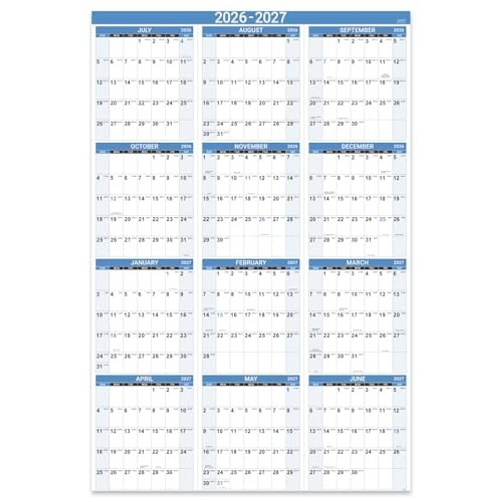Blue 2026-2027 yearly wall calendar showing multiple months in a grid