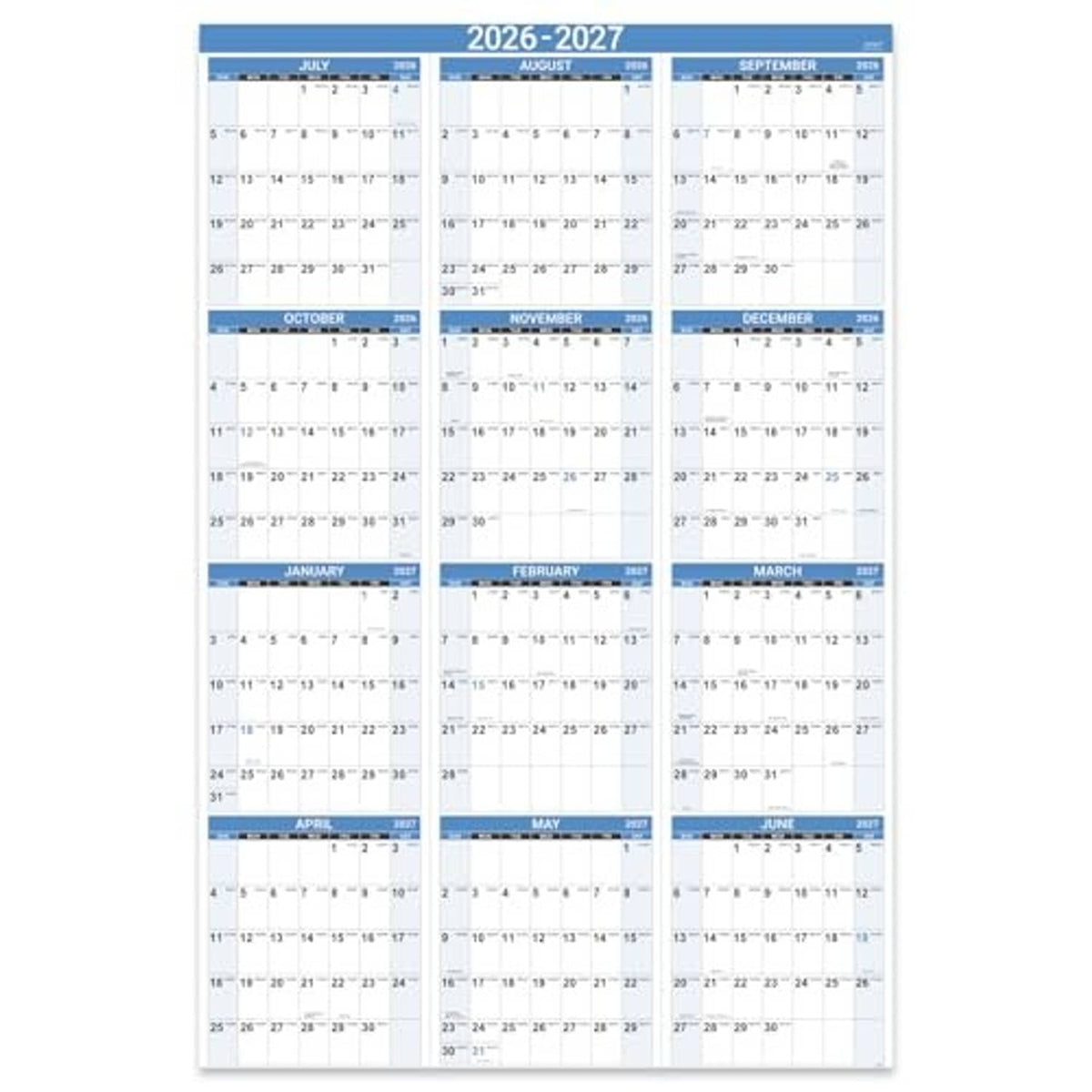 Blue 2026-2027 yearly wall calendar showing multiple months in a grid