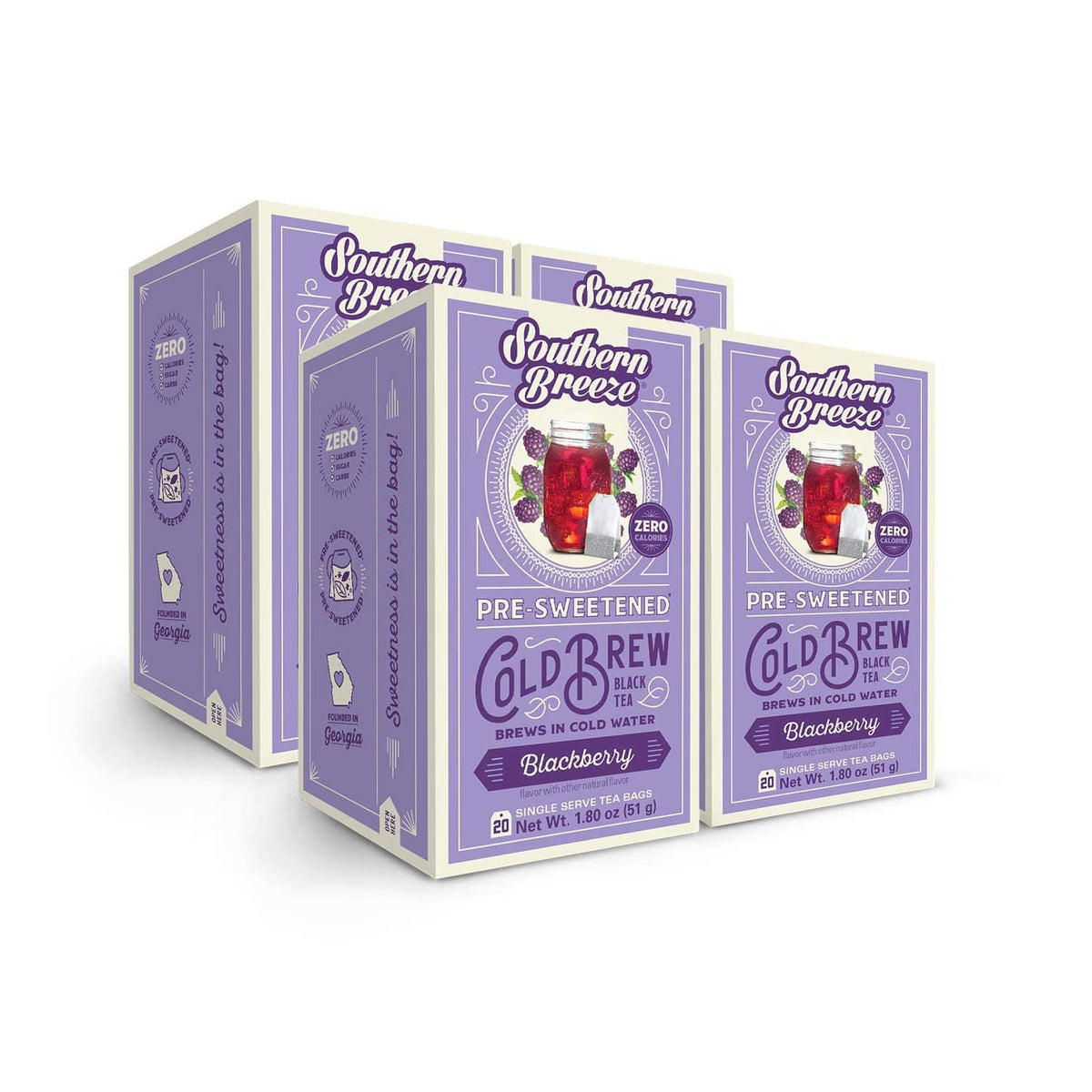 Southern Breeze cold brew tea boxes, blackberry flavor, pre-sweetened, zero calories