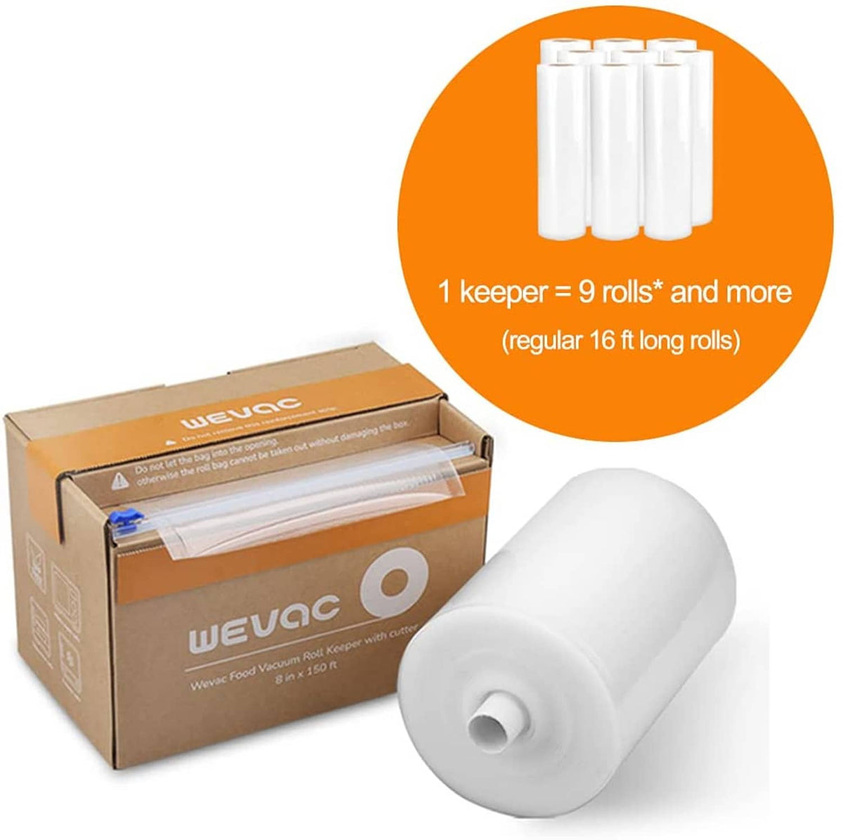 Vacuum sealer roll and retail box with multiple keepers icon, white roll