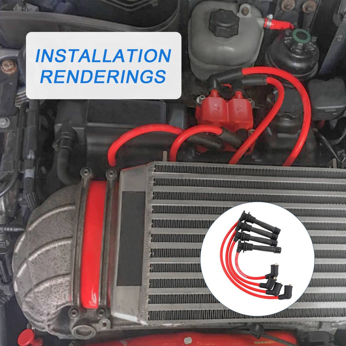 Ignition wire set installed in engine bay: red wires with black boots