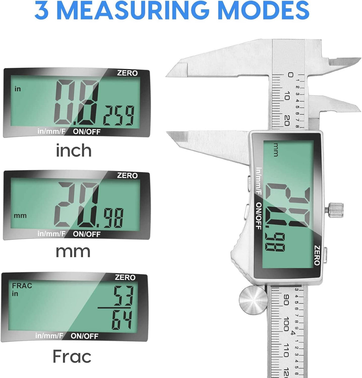 Digital caliper showing three display modes on a green LCD screen