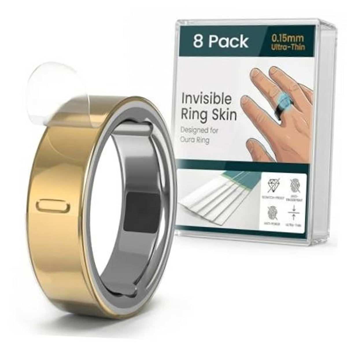 Ultra-thin clear ring skin cover, 8-pack, shown on a gold-tone ring band