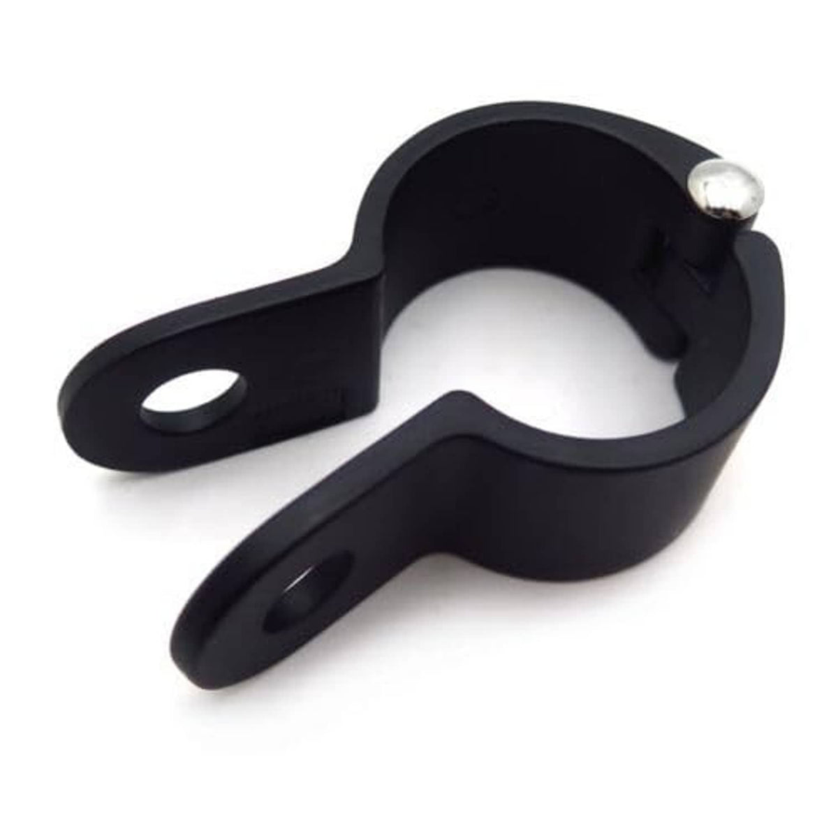 Black motorcycle footpeg clamp, pivot ring with chrome fastener at top