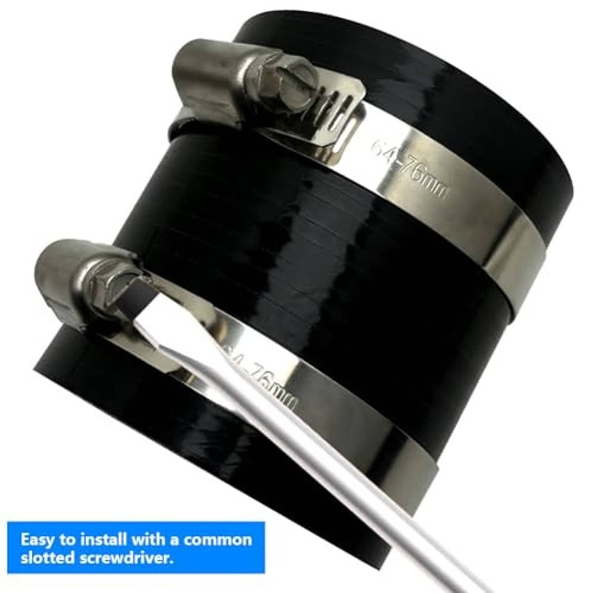 Black silicone hose coupler with two silver worm-drive clamps and metal band hardware
