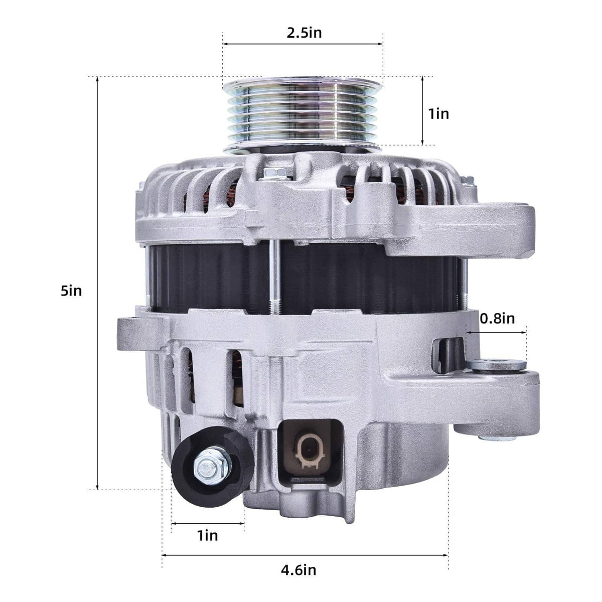 12V 95A alternator with silver housing and pulley, front view with mounting brackets
