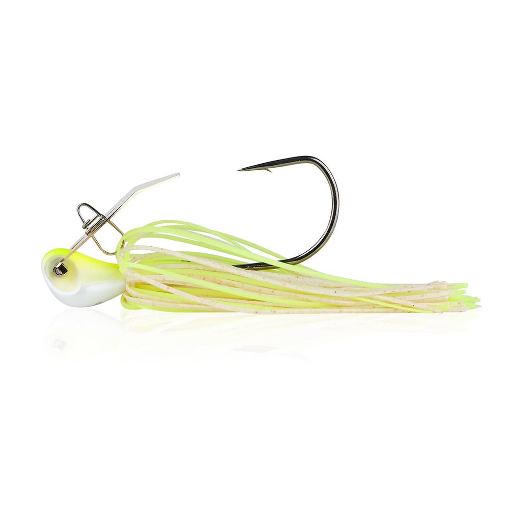 White and chartreuse bladed fishing jig with green-lime silicone skirt and metal hook
