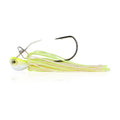 White and chartreuse bladed fishing jig with green-lime silicone skirt and metal hook