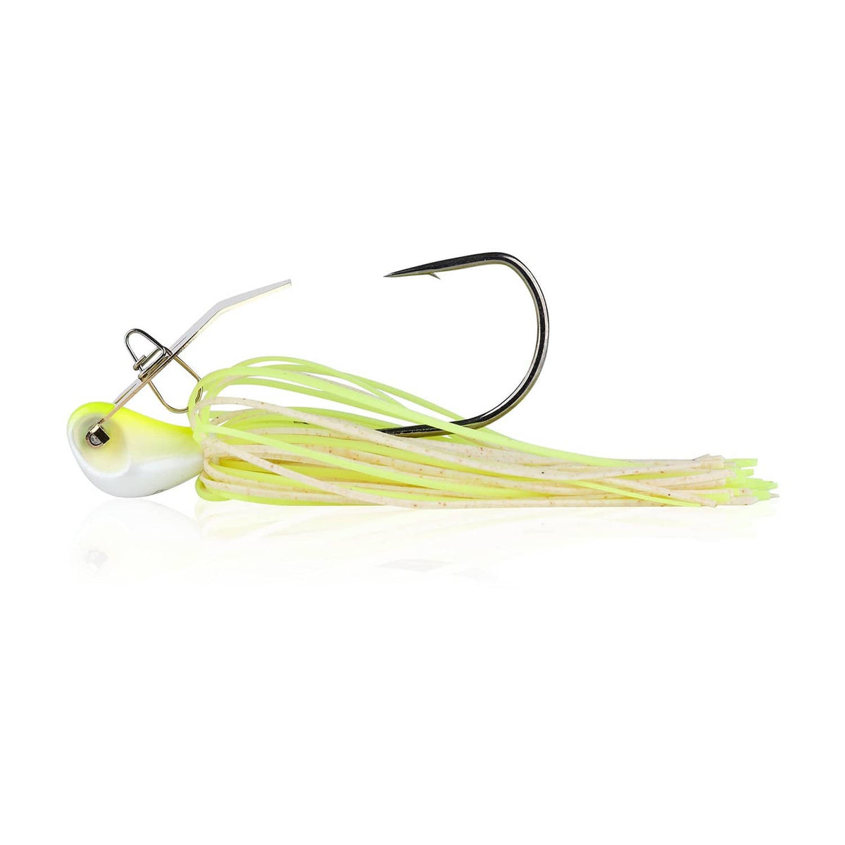 White and chartreuse bladed fishing jig with green-lime silicone skirt and metal hook
