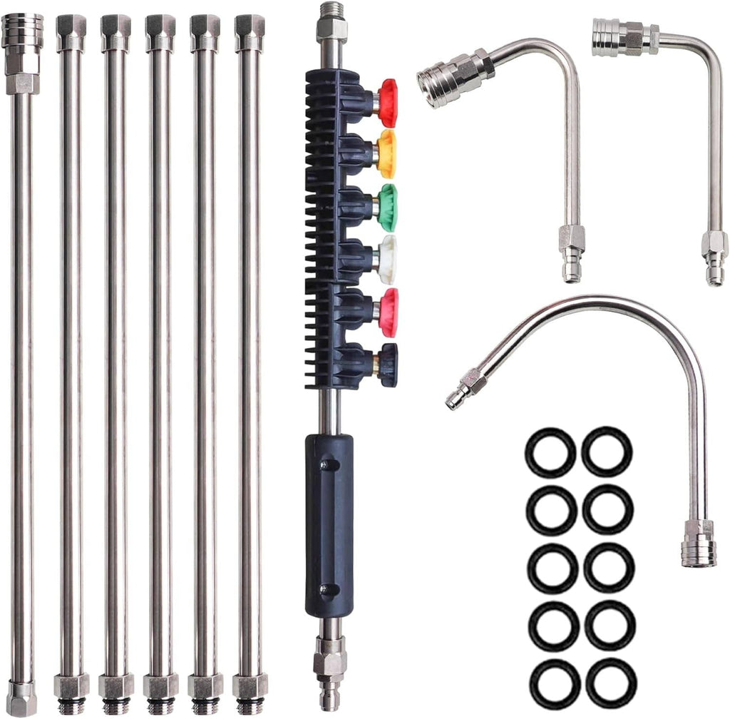 Pressure washer extension wand set with chrome lances, curved adapters, and black O-ring washers