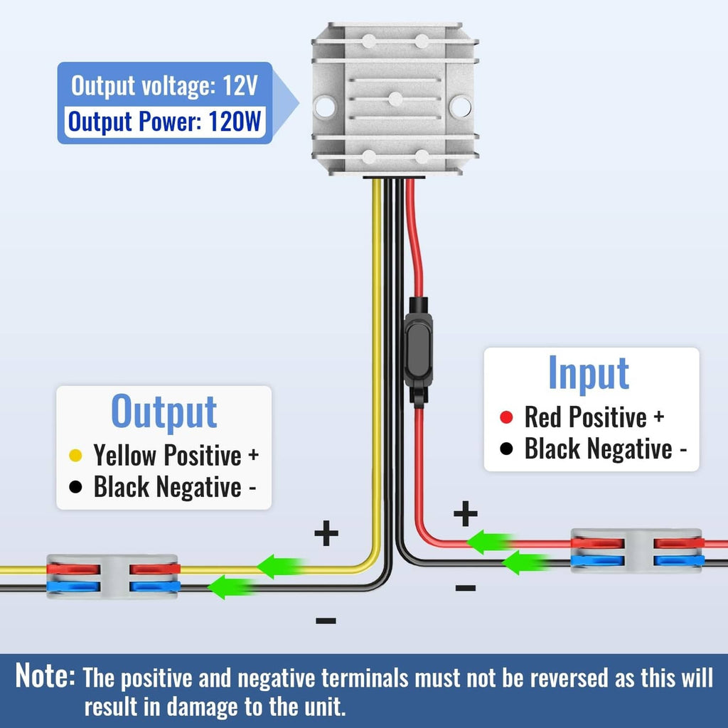 DC power converter module with screw terminals and red/black/yellow connected wires