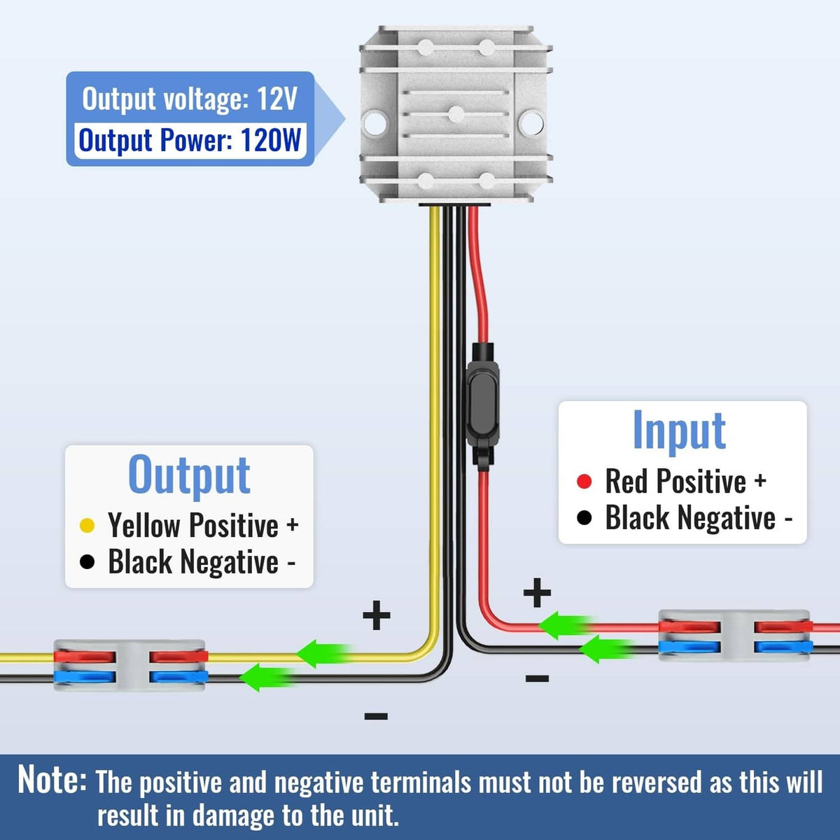 DC power converter module with screw terminals and red/black/yellow connected wires