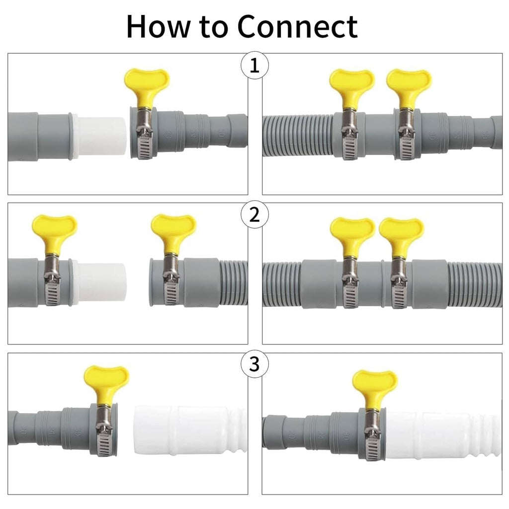 Gray drain hose extension connection setup with yellow-handled clamps and white connector