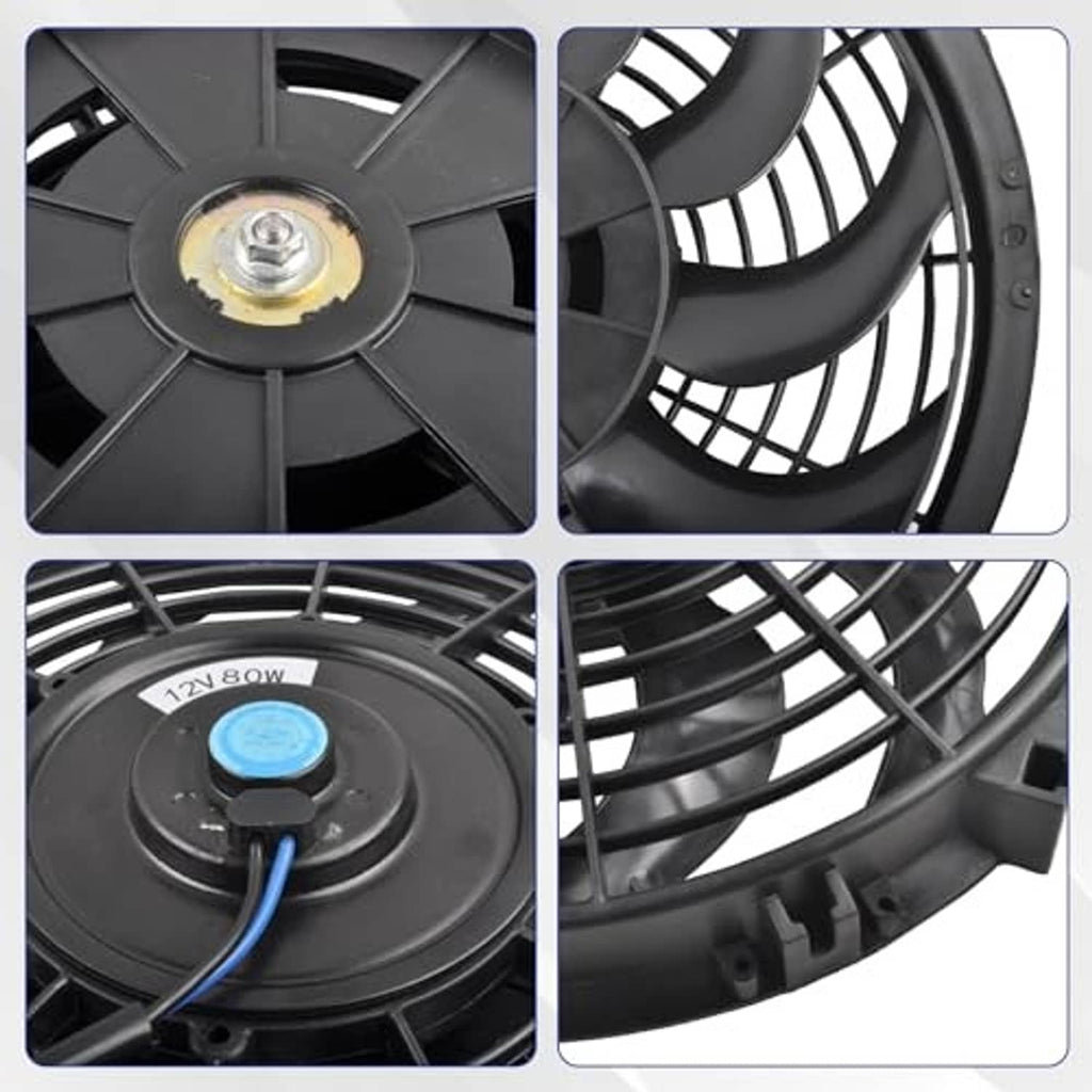 Close-up of black radiator cooling fan with mounting studs, blades, and hub details