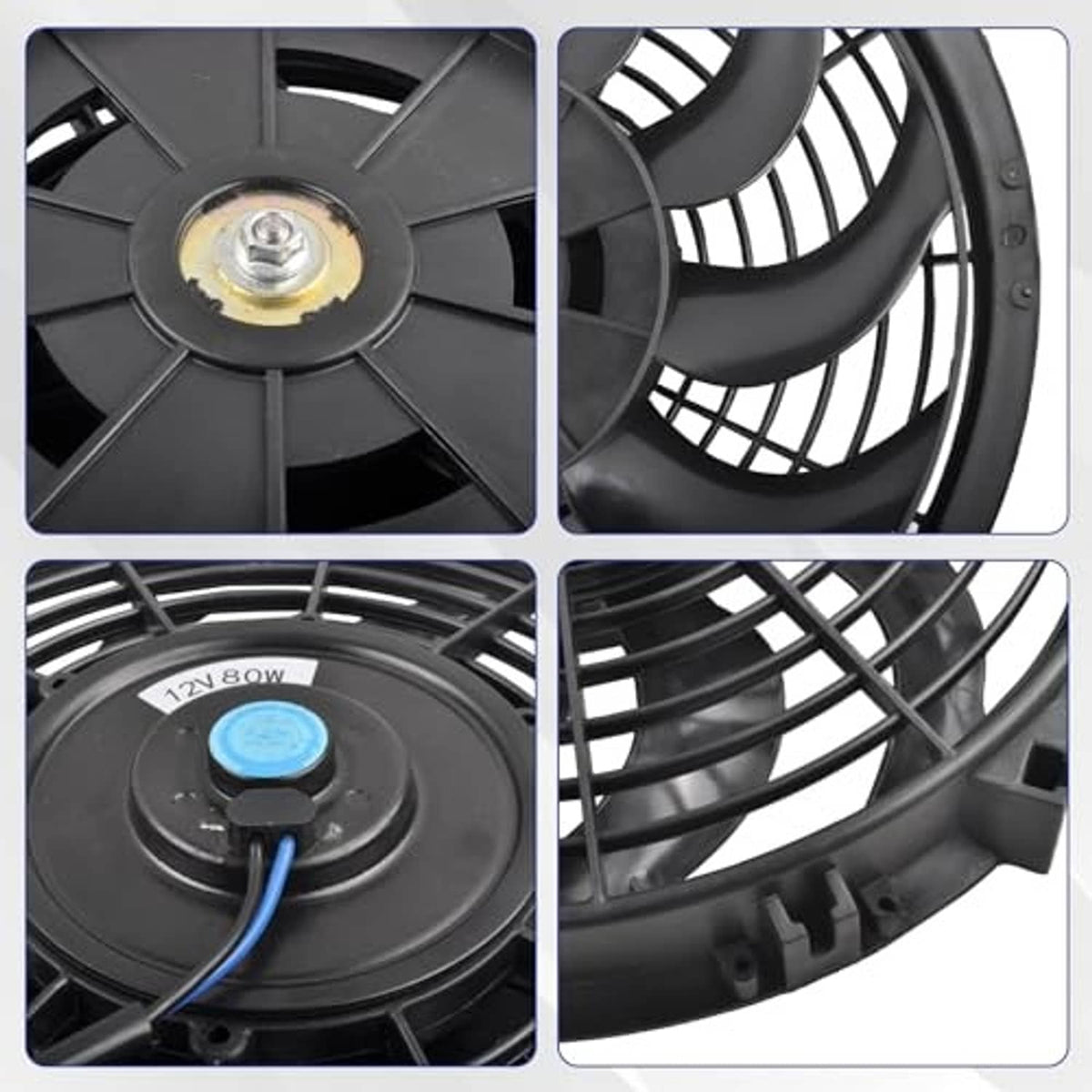 Close-up of black radiator cooling fan with mounting studs, blades, and hub details