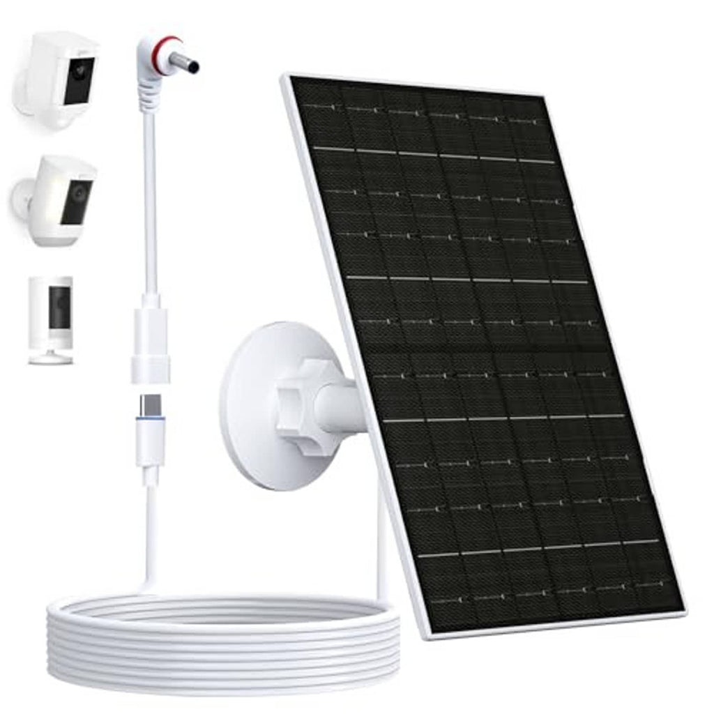 Solar panel charging kit with black panel, white mounting bracket, and charging cable