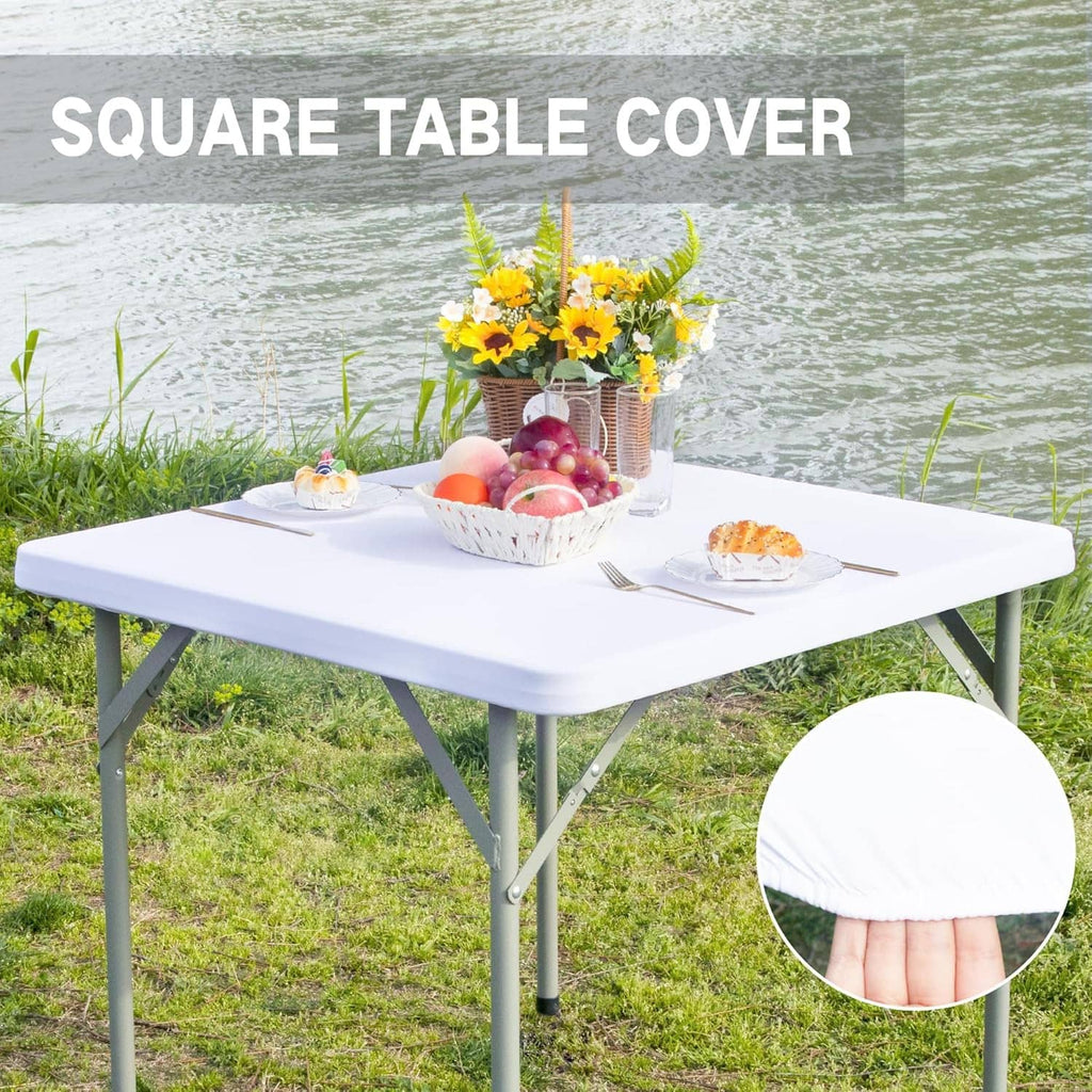 Square fitted white table cover on square table top, smooth stretch surface