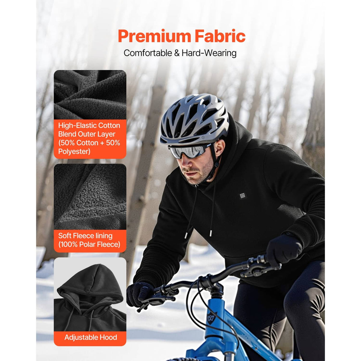Black heated hoodie with adjustable hood and soft fleece lining detail