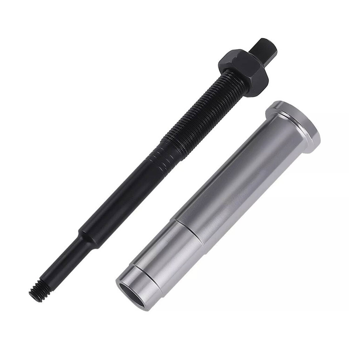 Spark plug remover tool with black threaded shaft and silver sleeve