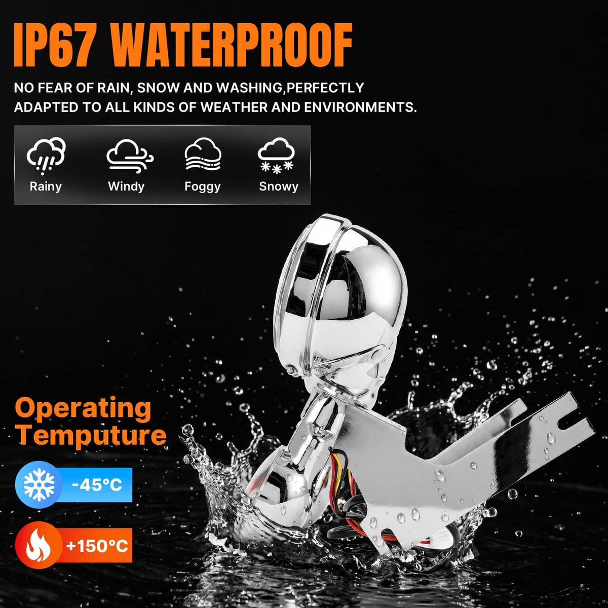 Waterproof LED spot passing lights with operating temperature splash graphics